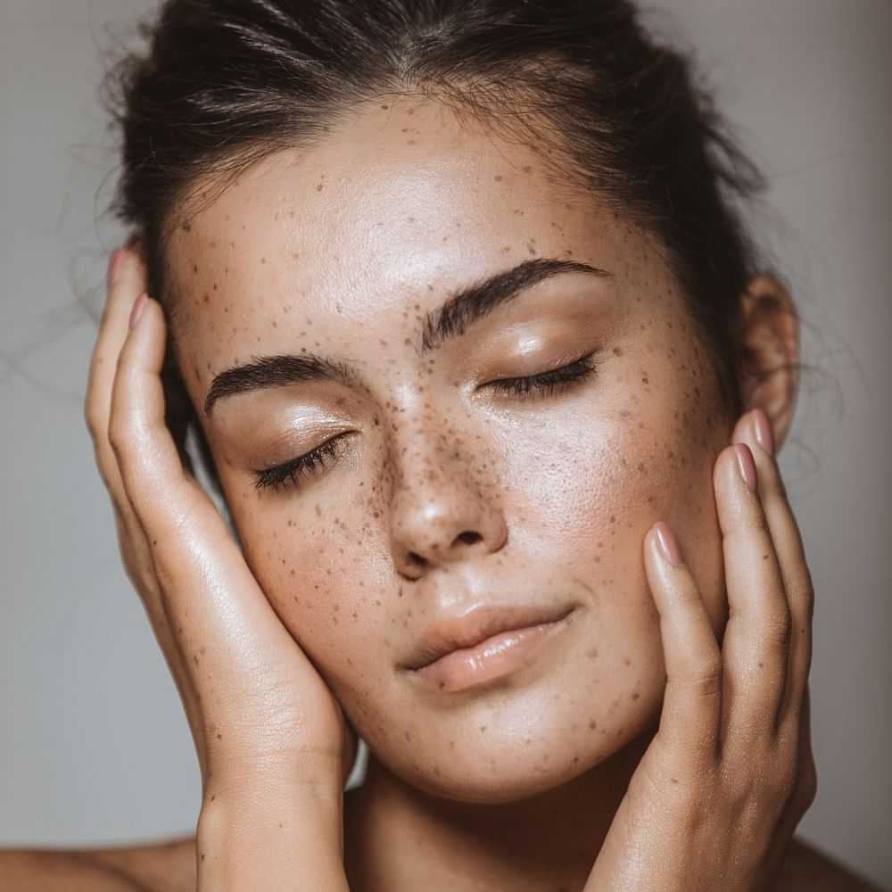 Close-up of a woman with freckles and closed eyes, touching her face.