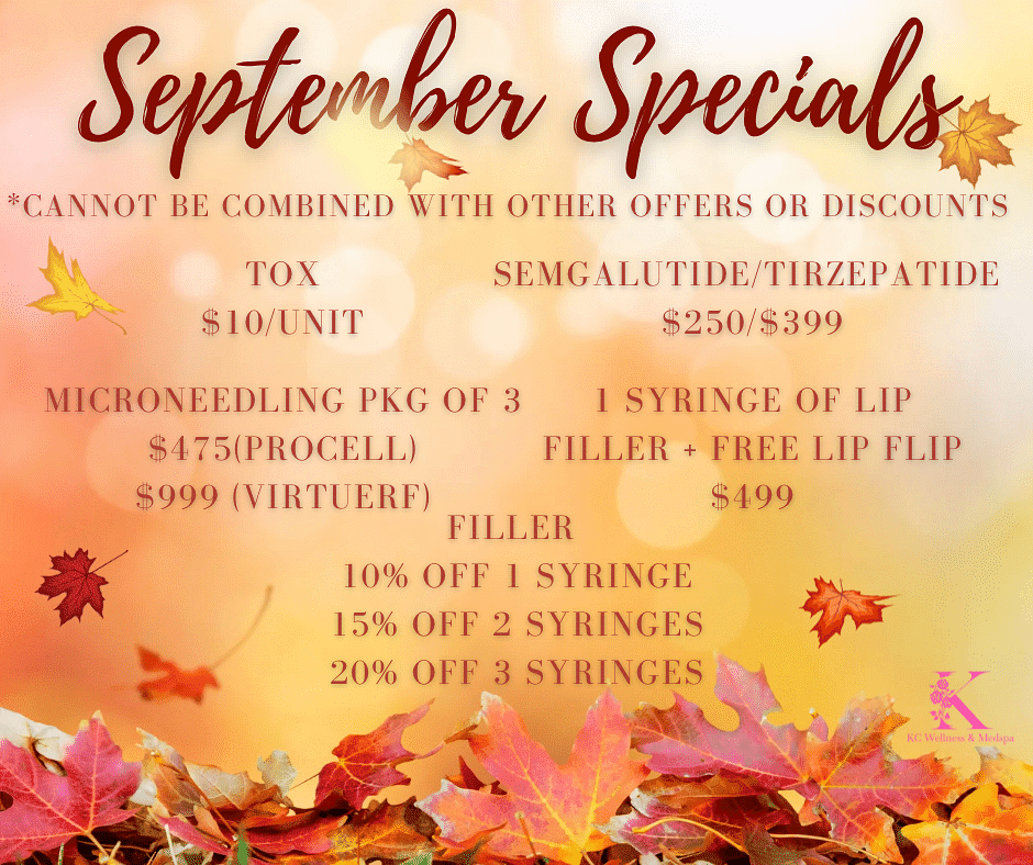 September Specials: discounted fillers, microneedling, Botox, and more. Autumn leaf background.