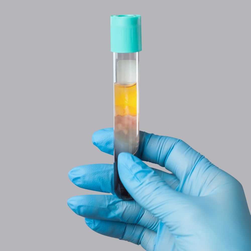 Person holding a test tube with a colorful sample against a gray background.